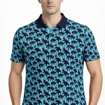 Erkek Pike Kumaş Polo Yaka Palmiye Desenli Tişört Kısa Kol Yazlık T-Shirt - Turkuaz