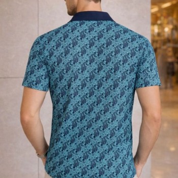 Erkek Pike Kumaş Polo Yaka Palmiye Desenli Tişört Kısa Kol Yazlık T-Shirt - Turkuaz