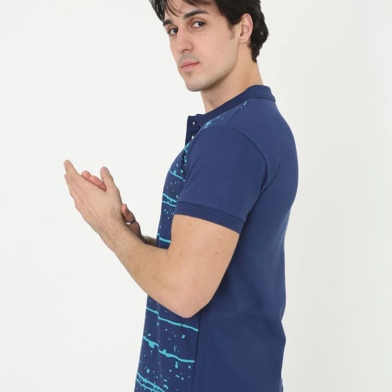 Erkek Pike Polo Yaka tişört Slim Fit Baskılı Kısa kol T-Shirt - Mavi