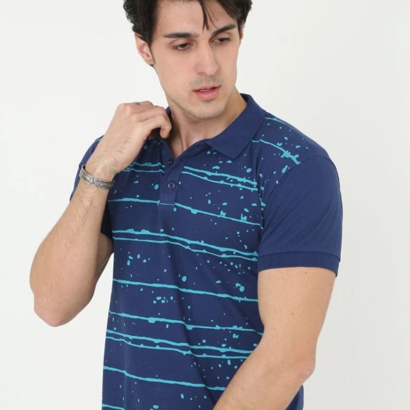 Erkek Pike Polo Yaka tişört Slim Fit Baskılı Kısa kol T-Shirt - Mavi