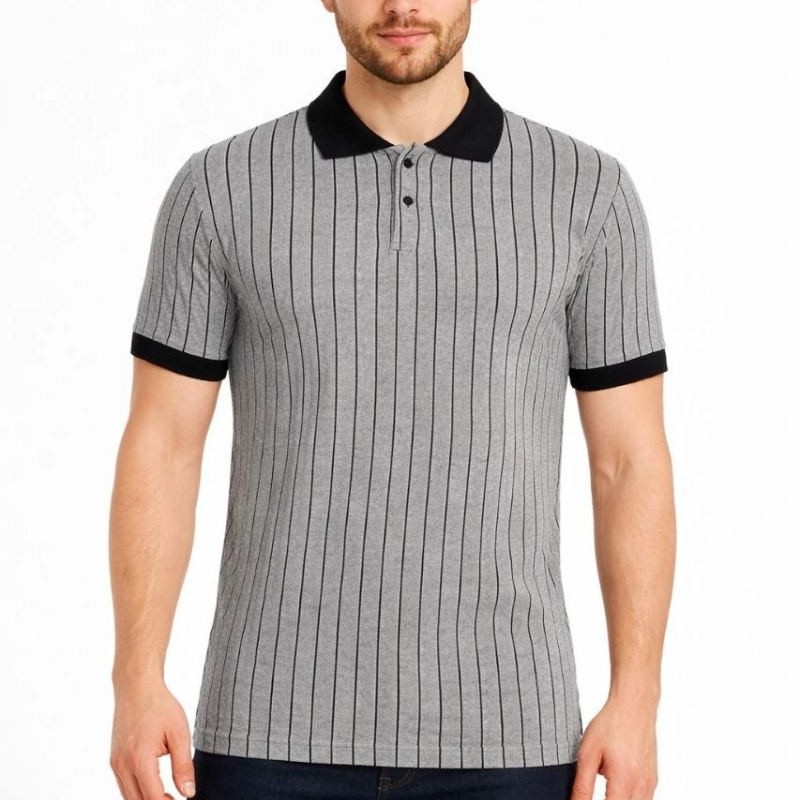 Erkek Polo Yaka Çizgili Tişört Kısa Kol Düğmeli Yazlık T-Shirt - Gri