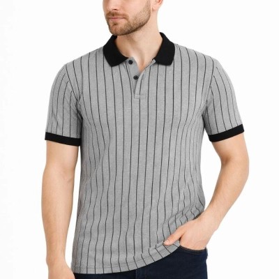 Erkek Polo Yaka Çizgili Tişört Kısa Kol Düğmeli Yazlık T-Shirt - Gri