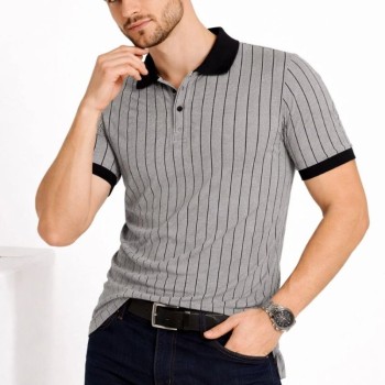 Erkek Polo Yaka Çizgili Tişört Kısa Kol Düğmeli Yazlık T-Shirt - Gri