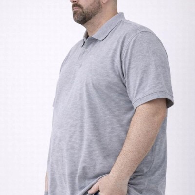 Erkek Polo Yaka Düğmeli Pike Kumaş Tişört Battal Beden Kısa Kol T-Shirt - Gri