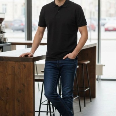 Erkek Polo Yaka Düğmeli Pike Kumaş Tişört Regular Fit Kısa Kol T-Shirt - Siyah
