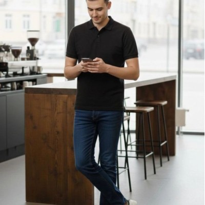 Erkek Polo Yaka Düğmeli Pike Kumaş Tişört Regular Fit Kısa Kol T-Shirt - Siyah