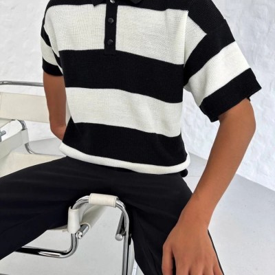 Erkek Polo Yaka Düğmeli Triko T-Shirt - Siyah