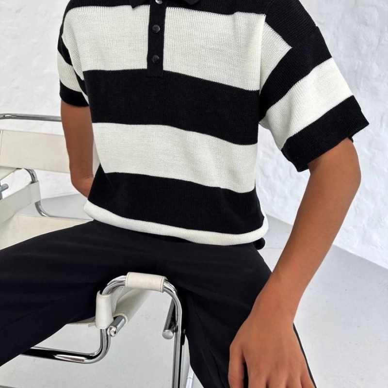 Erkek Polo Yaka Düğmeli Triko T-Shirt - Siyah