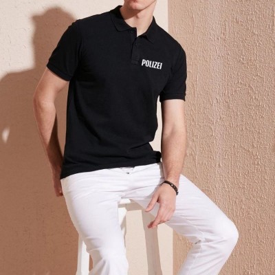 Erkek Polo Yaka Tişört Düğmeli Pike Baskılı T-Shirt - Siyah