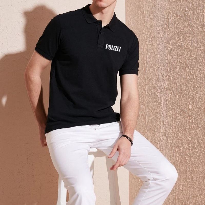 Erkek Polo Yaka Tişört Düğmeli Pike Baskılı T-Shirt - Siyah