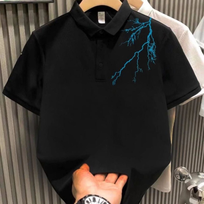 Erkek Polo Yaka Tişört Düğmeli Yıldırım Baskılı Pike T-Shirt - Siyah