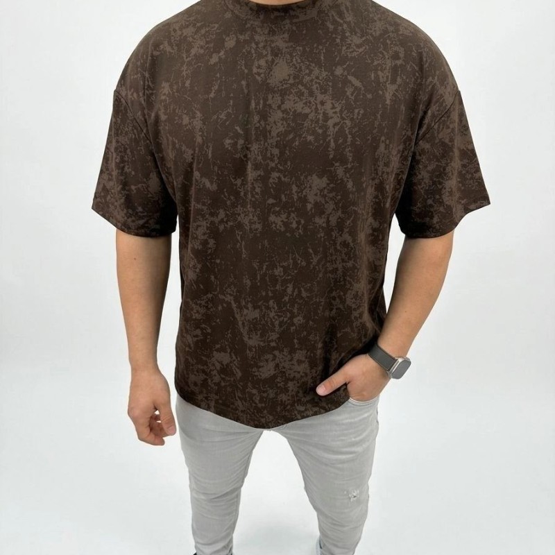 Erkek Premium Tişört OSY Yumuşak Dokulu Yıkamalı Oversize T-Shirt - Kahverengi