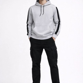 Erkek Şeritli Kapüşonlu Oversize Sweatshirt 3 iplik Pamuklu hoodie - Beyaz