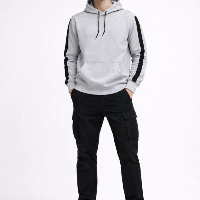 Erkek Şeritli Kapüşonlu Oversize Sweatshirt 3 iplik Pamuklu hoodie - Beyaz