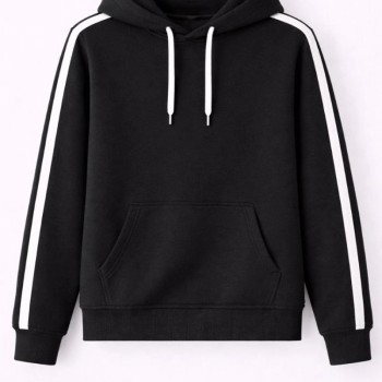 Erkek Şeritli Kapüşonlu Sweatshirt Oversize 3 iplik Pamuklu Hoodei - Siyah