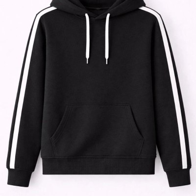 Erkek Şeritli Kapüşonlu Sweatshirt Oversize 3 iplik Pamuklu Hoodei - Siyah