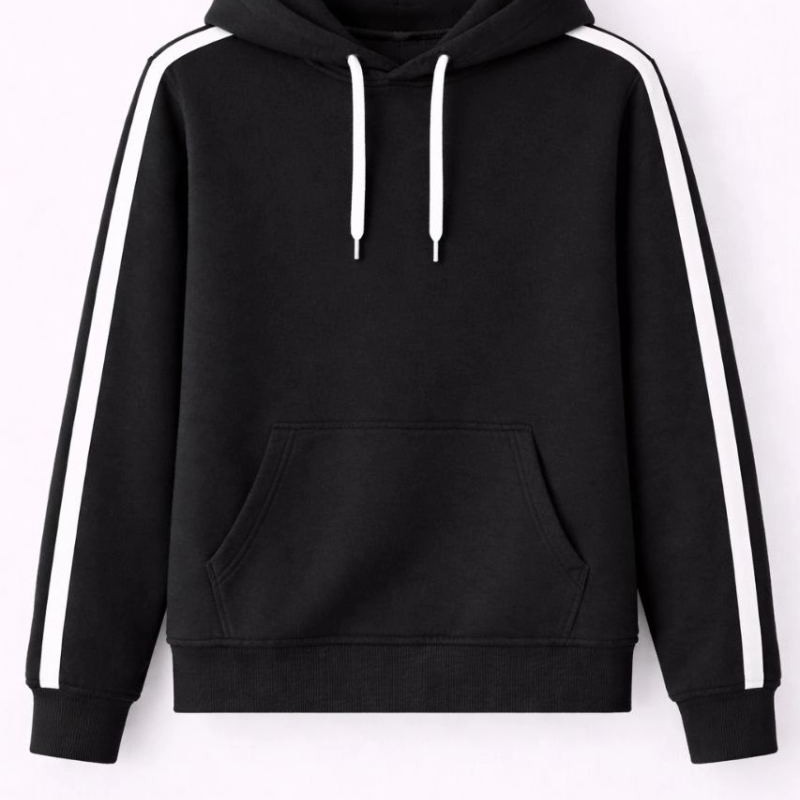 Erkek Şeritli Kapüşonlu Sweatshirt Oversize 3 iplik Pamuklu Hoodei - Siyah