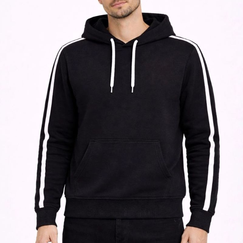 Erkek Şeritli Kapüşonlu Sweatshirt Oversize 3 iplik Pamuklu Hoodei - Siyah