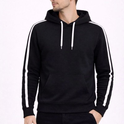 Erkek Şeritli Kapüşonlu Sweatshirt Oversize 3 iplik Pamuklu Hoodei - Siyah
