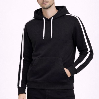 Erkek Şeritli Kapüşonlu Sweatshirt Oversize 3 iplik Pamuklu Hoodei - Siyah