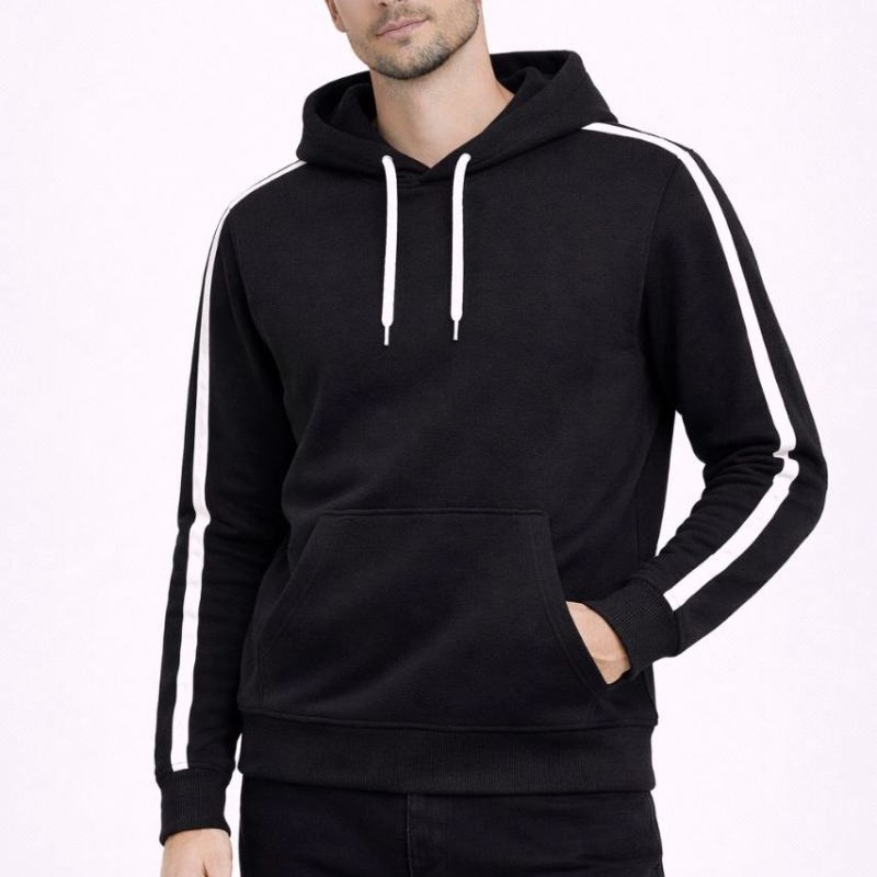 Erkek Şeritli Kapüşonlu Sweatshirt Oversize 3 iplik Pamuklu Hoodei - Siyah