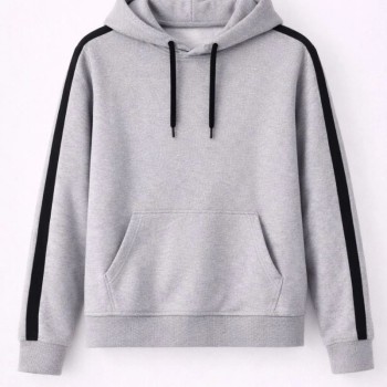 Erkek Şeritli Kapüşonlu Sweatshirt Oversize 3 iplik Pamuklu Hoodie - Gri
