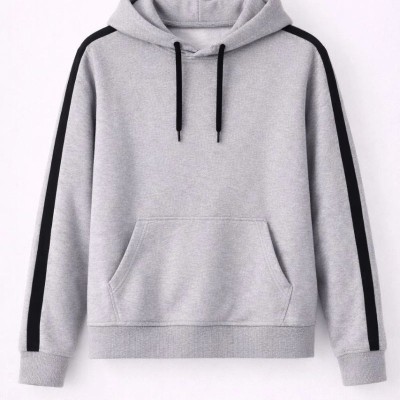 Erkek Şeritli Kapüşonlu Sweatshirt Oversize 3 iplik Pamuklu Hoodie - Gri