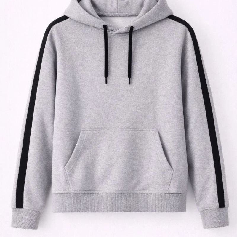 Erkek Şeritli Kapüşonlu Sweatshirt Oversize 3 iplik Pamuklu Hoodie - Gri