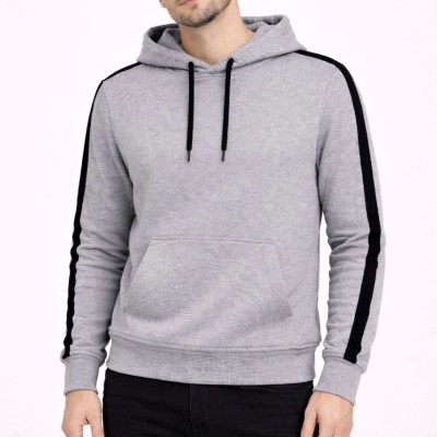 Erkek Şeritli Kapüşonlu Sweatshirt Oversize 3 iplik Pamuklu Hoodie - Gri