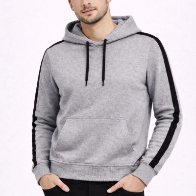 Erkek Şeritli Kapüşonlu Sweatshirt Oversize 3 iplik Pamuklu Hoodie - Gri