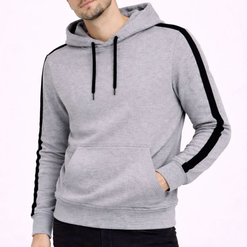 Erkek Şeritli Kapüşonlu Sweatshirt Oversize 3 iplik Pamuklu Hoodie - Gri