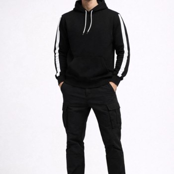Erkek Şeritli Kapüşonlu Sweatshirt Oversize 3 iplik Pamuklu Hoodie - Siyah