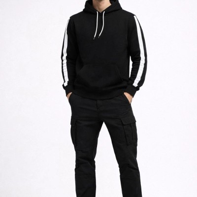Erkek Şeritli Kapüşonlu Sweatshirt Oversize 3 iplik Pamuklu Hoodie - Siyah