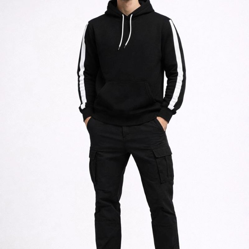 Erkek Şeritli Kapüşonlu Sweatshirt Oversize 3 iplik Pamuklu Hoodie - Siyah