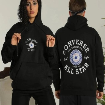 Erkek Sırt Baskılı Oversize 3 İplik Kapüşonlu Hoodie Sweatshirt - Siyah