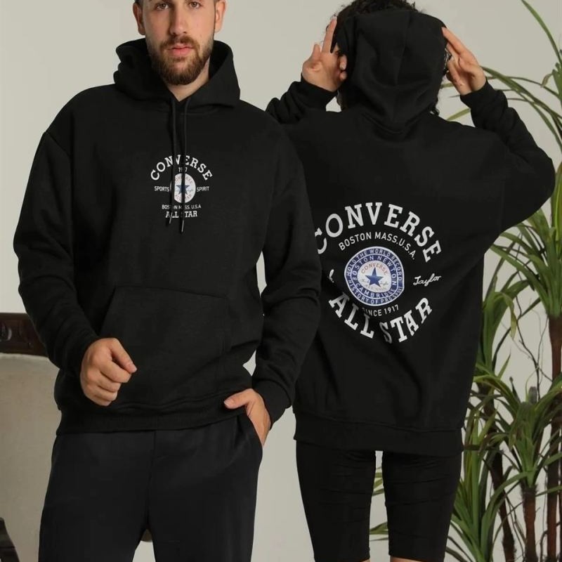 Erkek Sırt Baskılı Oversize 3 İplik Kapüşonlu Hoodie Sweatshirt - Siyah