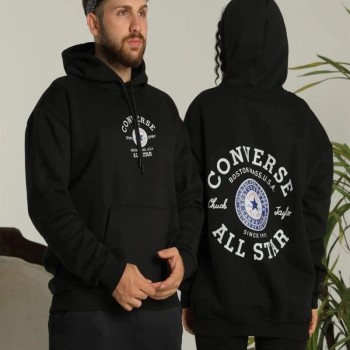 Erkek Sırt Baskılı Oversize 3 İplik Kapüşonlu Hoodie Sweatshirt - Siyah