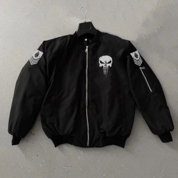ERKEK Siyah Askeri Tarz Bomber Mont Punisher Skull Detaylı Fermuarlı Cepli - Siyah