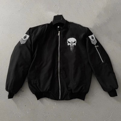 ERKEK Siyah Askeri Tarz Bomber Mont Punisher Skull Detaylı Fermuarlı Cepli - Siyah