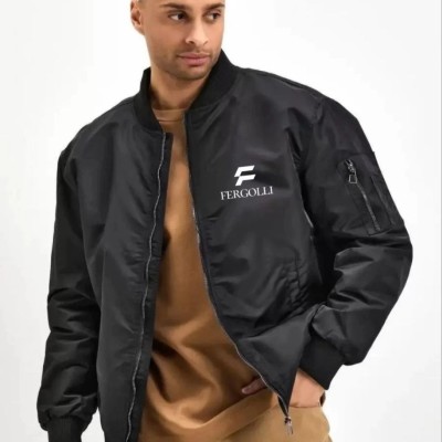 Erkek Siyah Bomber Mont Fergolli Logo Baskılı Fermuarlı Cepli Kapitone Astarlı - Siyah