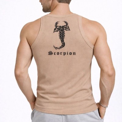 Erkek Spor Slimfit Fitilli Kaşkorse Arka Basklı Atlet 2'li Set Kahverengi-Beyaz