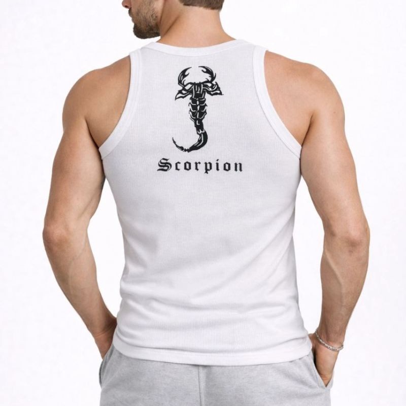 Erkek Spor Slimfit Fitilli Kaşkorse Arka Basklı Atlet 2'li Set Kahverengi-Beyaz