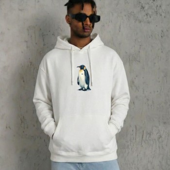 Erkek Survivor Penguin Baskılı 3 İplik Pamuklu Kapüşonlu Sweatshirt Hoodie Beyaz