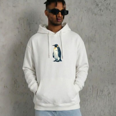 Erkek Survivor Penguin Baskılı 3 İplik Pamuklu Kapüşonlu Sweatshirt Hoodie Beyaz