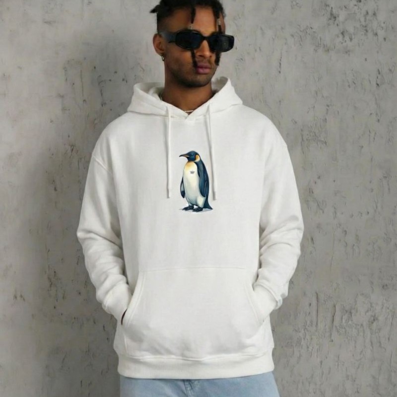 Erkek Survivor Penguin Baskılı 3 İplik Pamuklu Kapüşonlu Sweatshirt Hoodie Beyaz