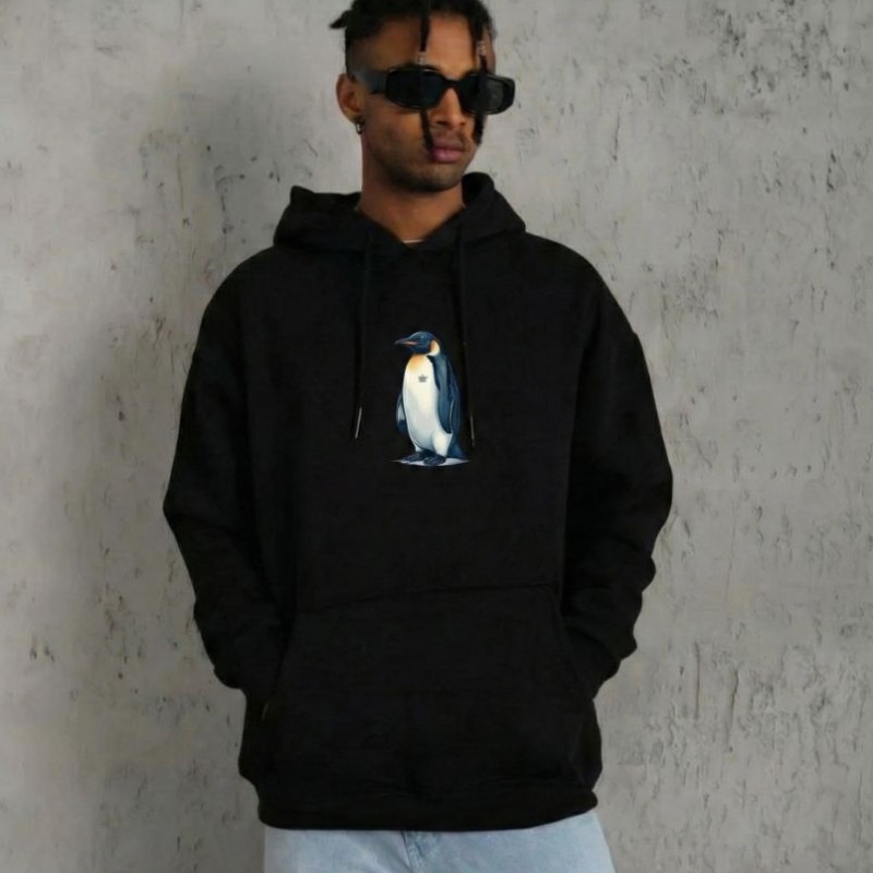 Erkek Survivor Penguin Baskılı 3 İplik Pamuklu Kapüşonlu Sweatshirt Hoodie Siyah