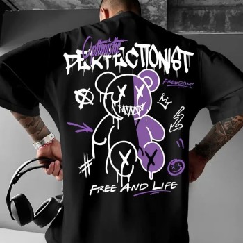 Erkek T-shirt Baskılı Bisiklet Yaka Kısa Kol Tişört - Siyah