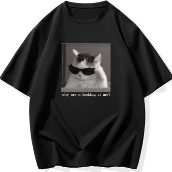 Erkek T-Shirt Komik Kedi Baskılı kısa kol Tişört - Siyah