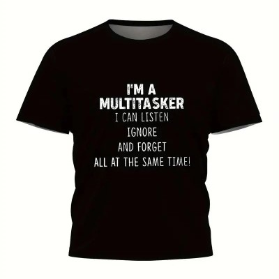 Erkek T-shirt Komik 'Multitasker' Baskılı Kısa kol Tişört - Siyah