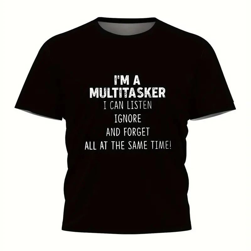 Erkek T-shirt Komik 'Multitasker' Baskılı Kısa kol Tişört - Siyah